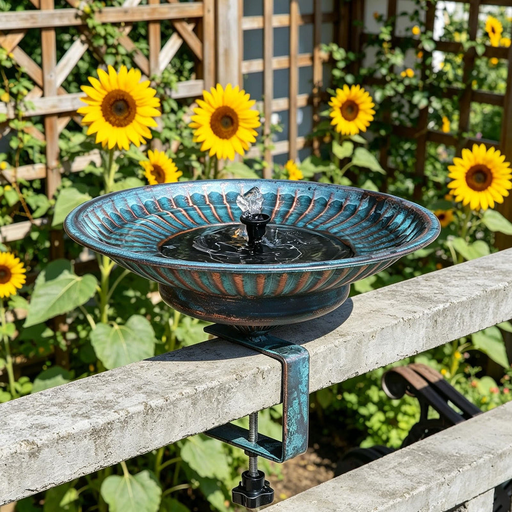 HLQMFHT patio setting with birds using bath showing lifestyle appeal and garden enhancement