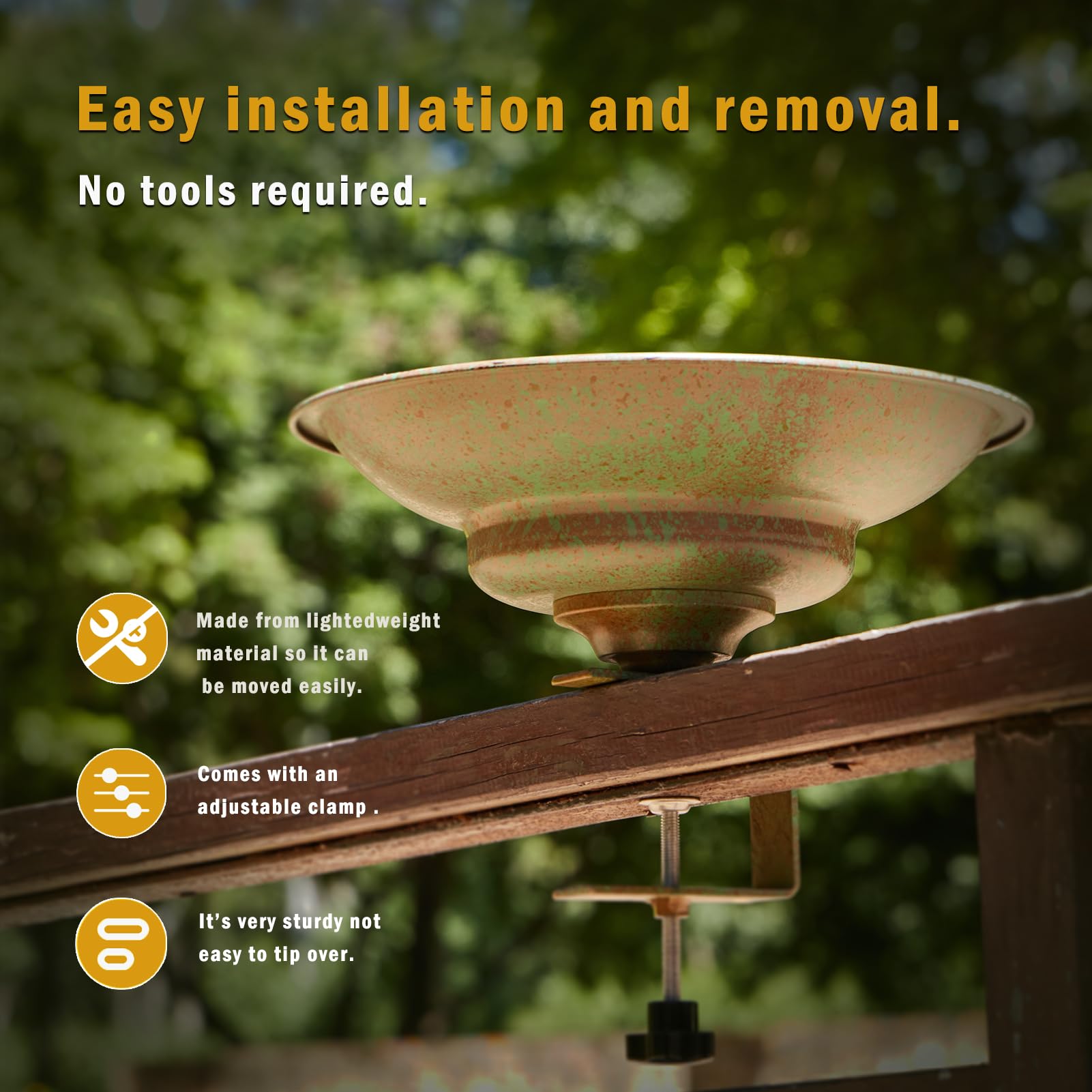 HLQMFHT bird bath on railing with scale comparison showing clamp fit benefit: fits most railings