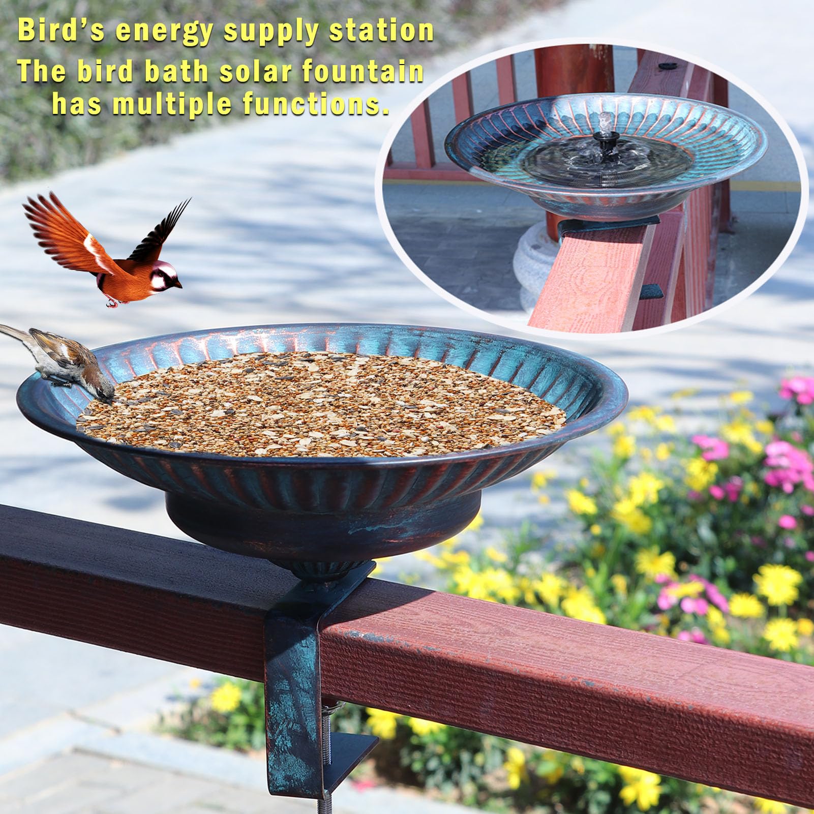 HLQMFHT detailed solar panel and pump assembly demonstrating cordless fountain benefit