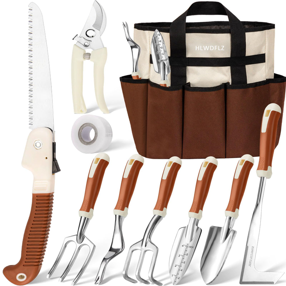 HLWDFLZ front view of entire garden tool set shows included pieces and benefits