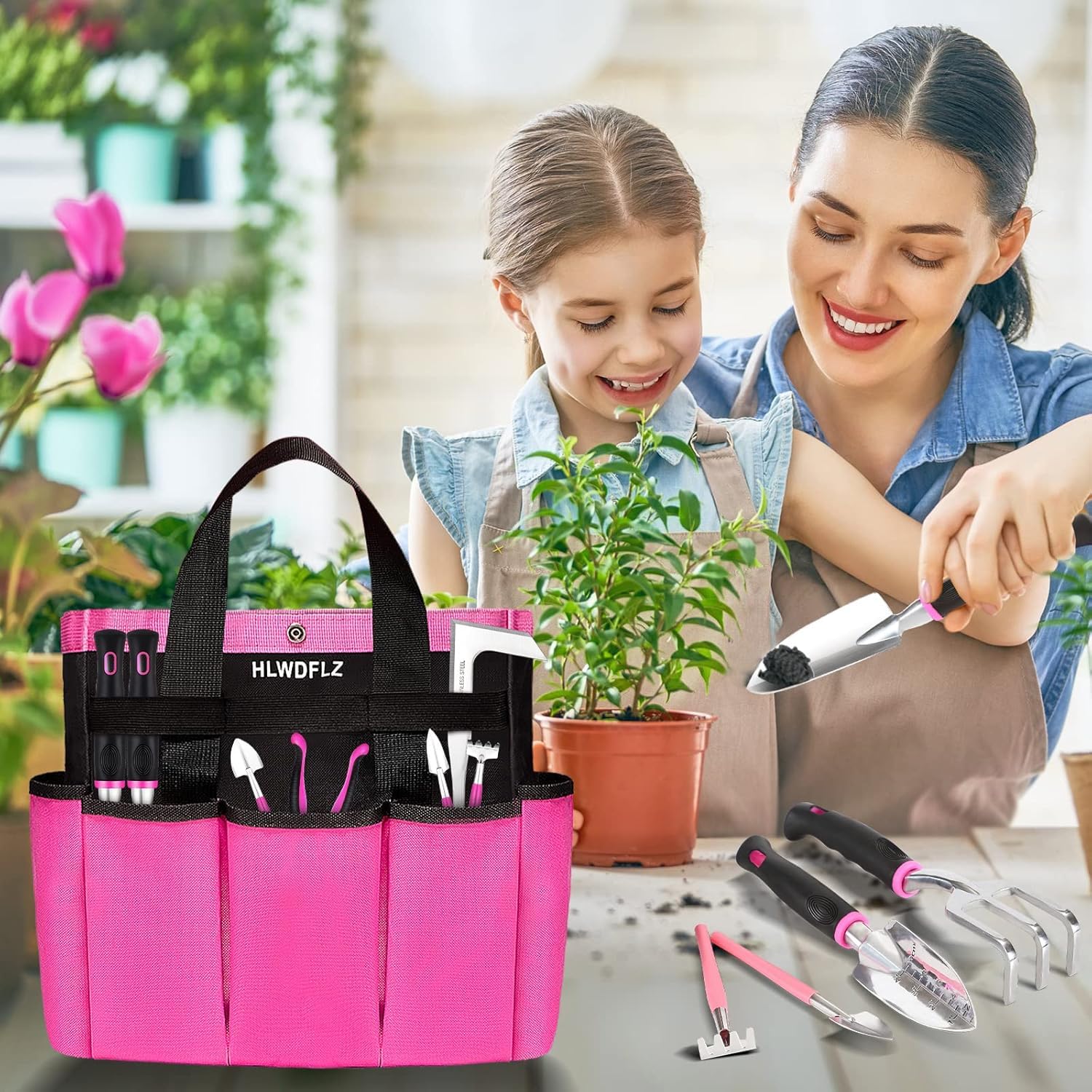 HLWDFLZ lifestyle shot using the pink tool set on a balcony garden