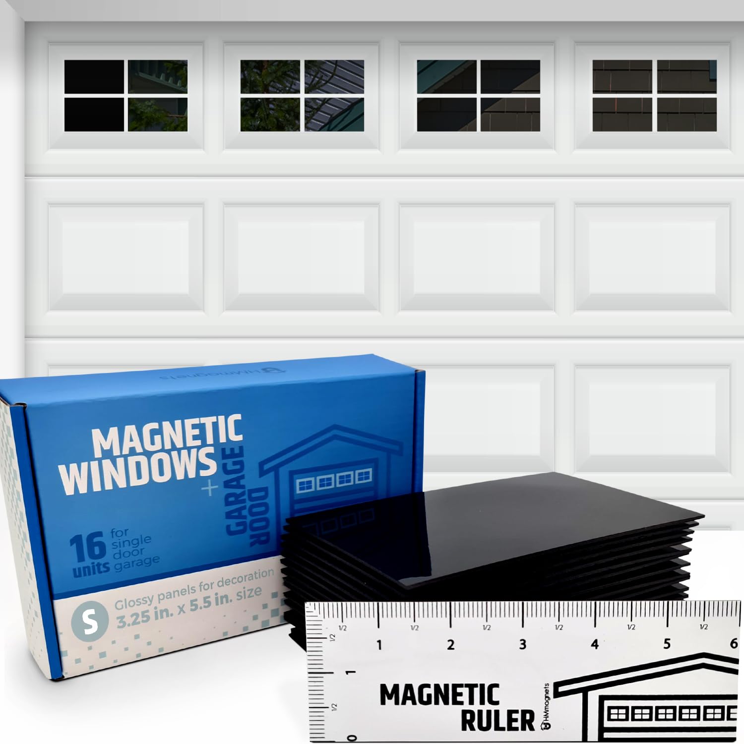 HMmagnets front packaging showing the 16 magnetic faux window panels, quick curb upgrade