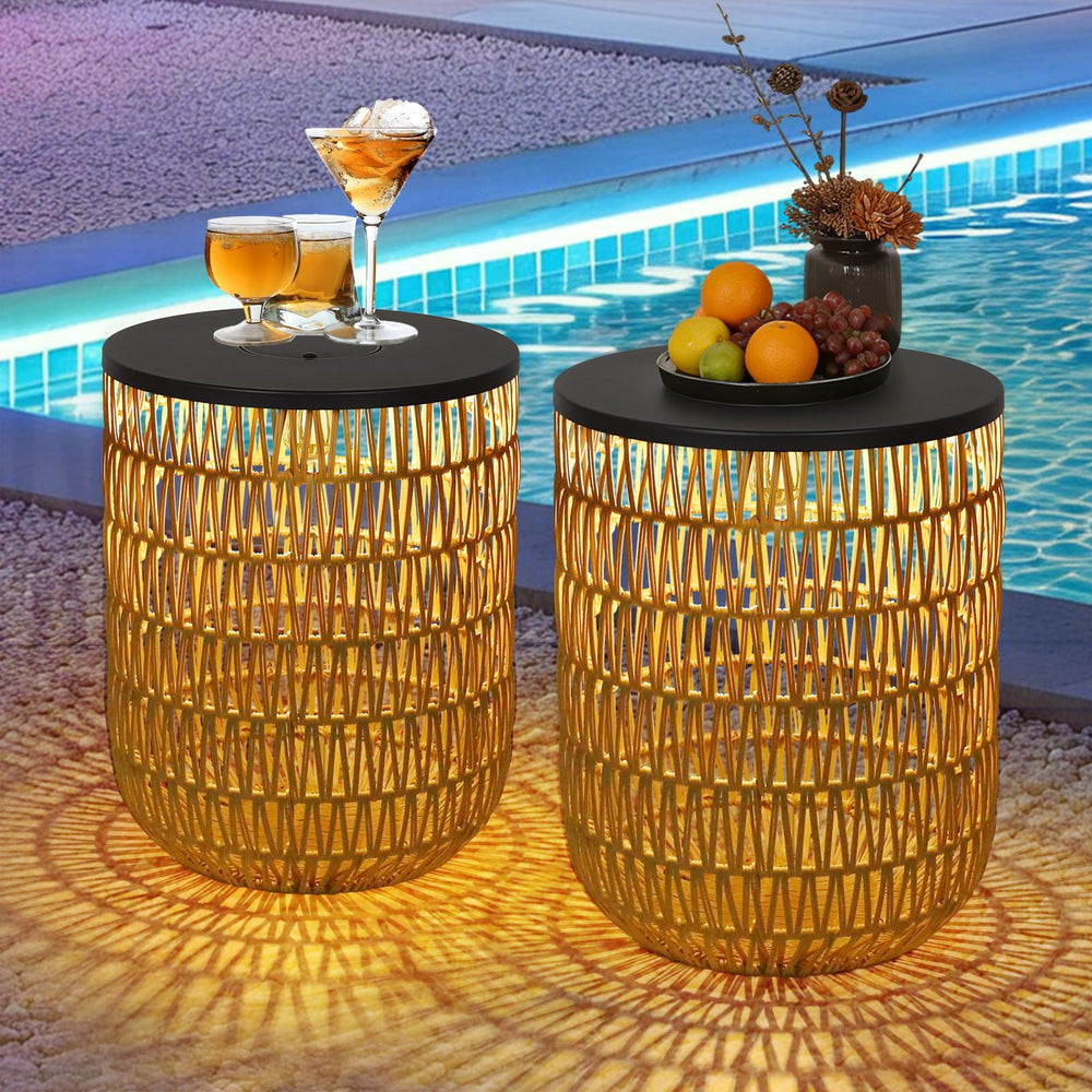HMVPL front view of two side tables showing boho style and portability