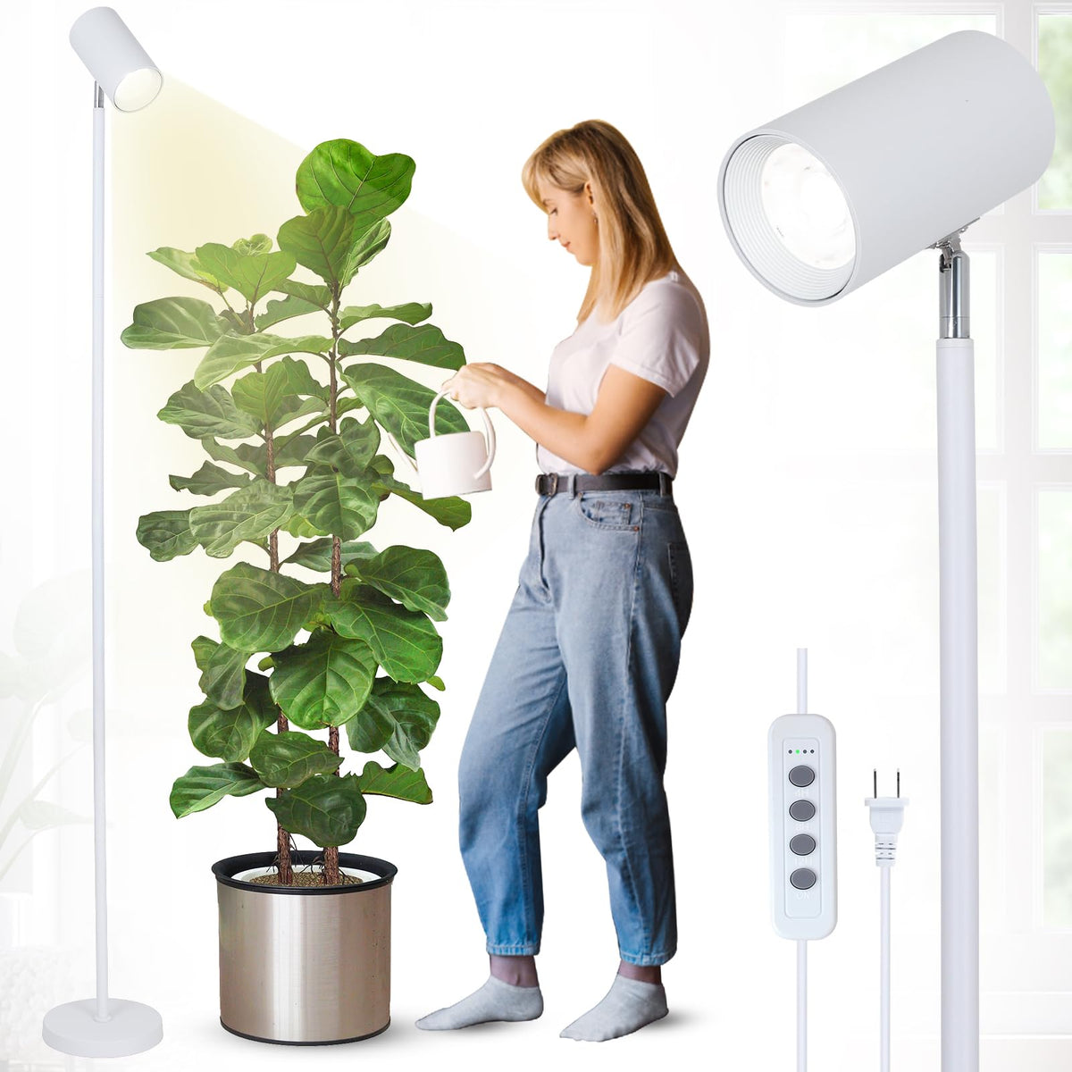 HMVPL front view of white grow light floor lamp showing full unit and design benefit