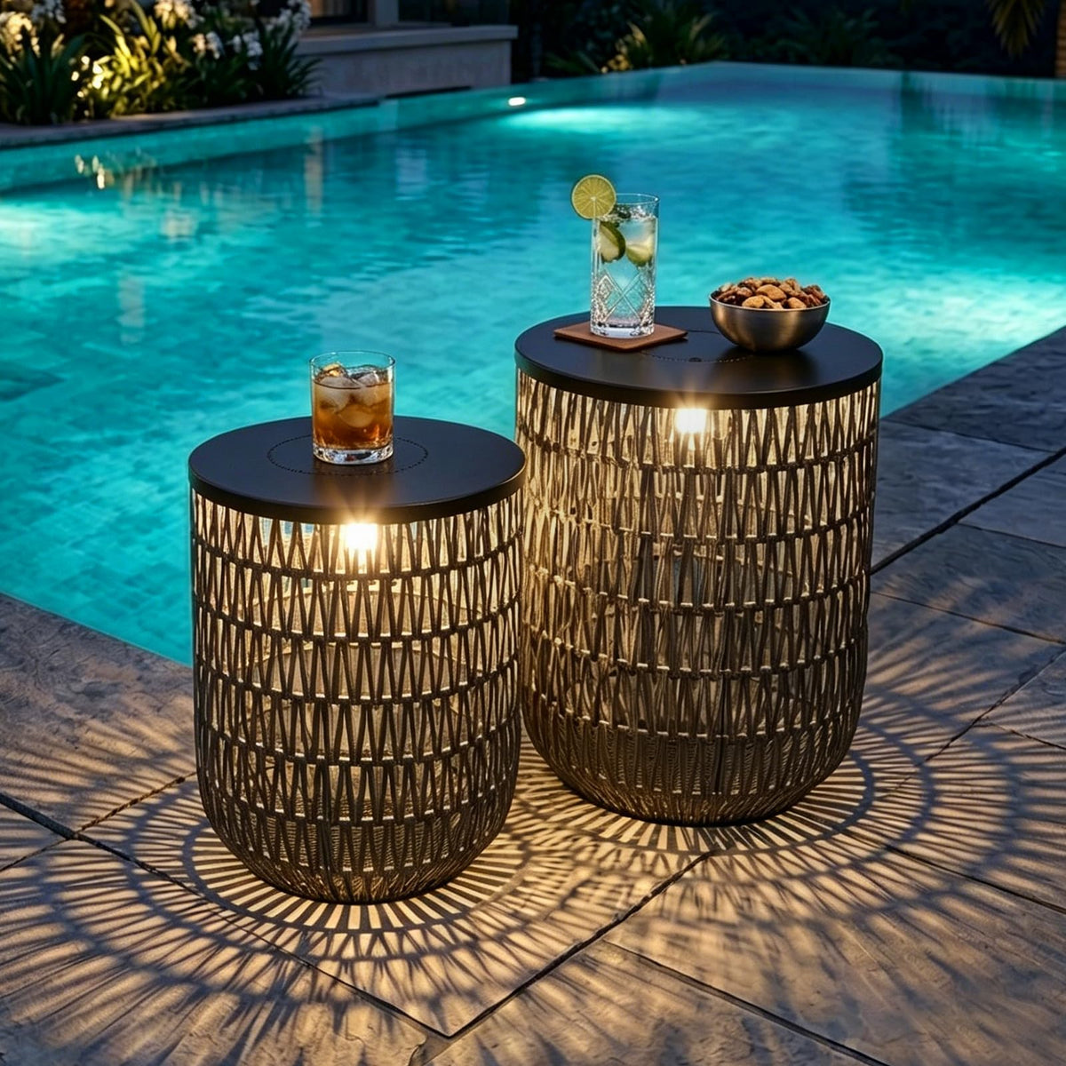 HMVPL front view of the two tables showing boho rattan and lighting benefit