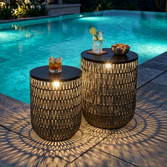HMVPL front view of the two tables showing boho rattan and lighting benefit
