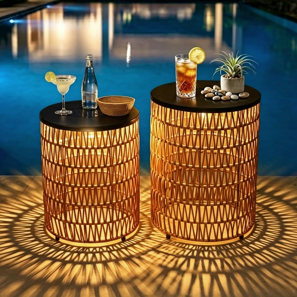 HMVPL front view of two patio side tables showing boho styling and portability