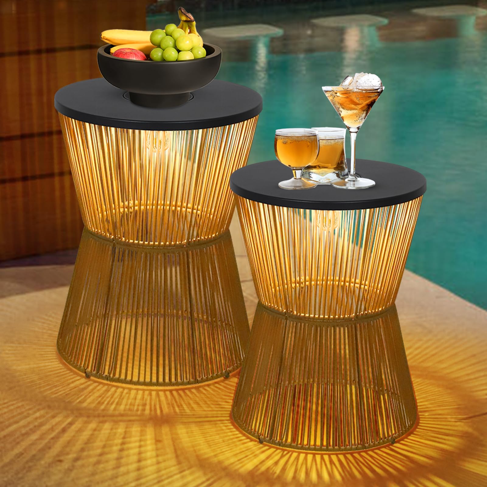 HMVPL front view of two tables showing boho style and solar light benefit