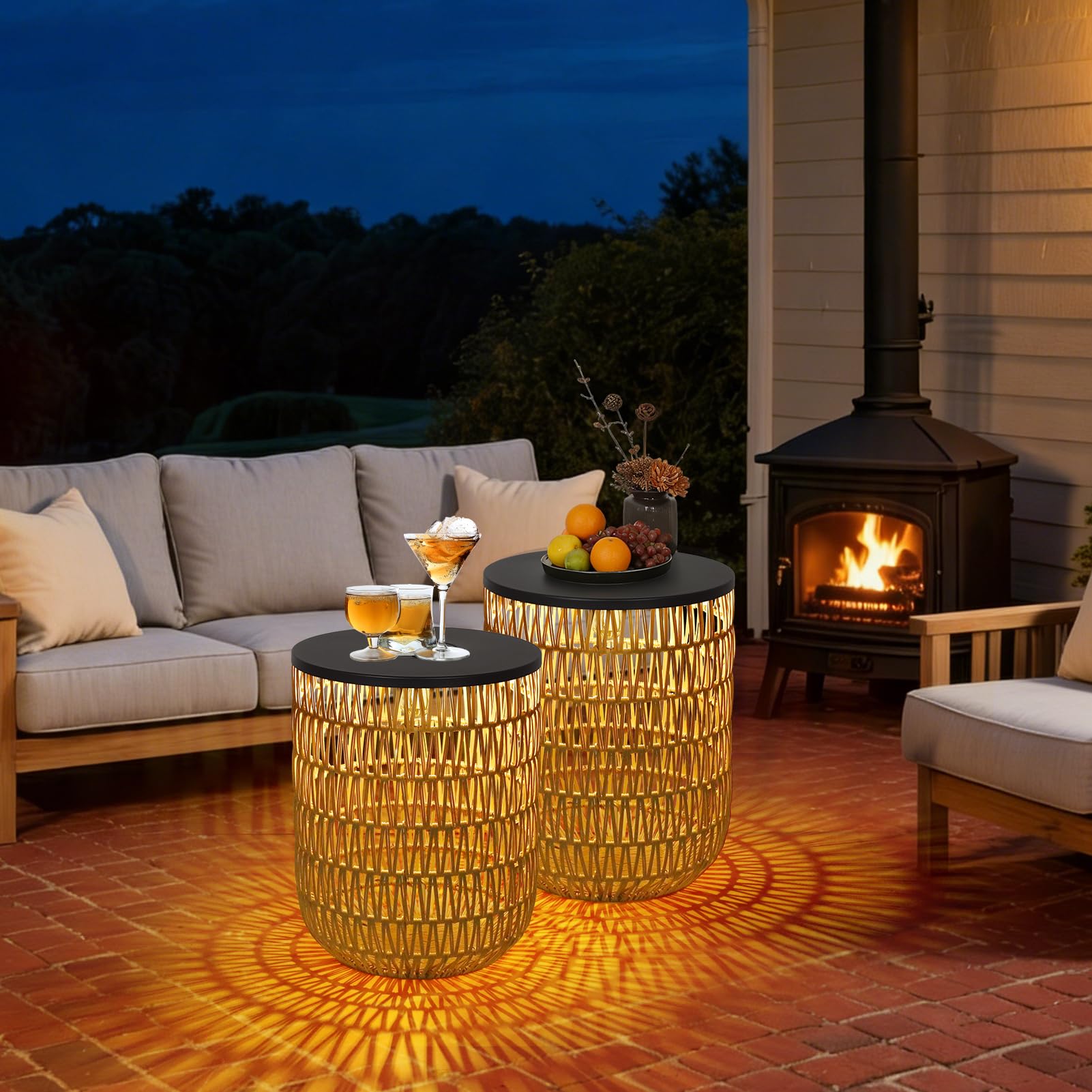 HMVPL lit tables at night creating cozy ambient outdoor lighting