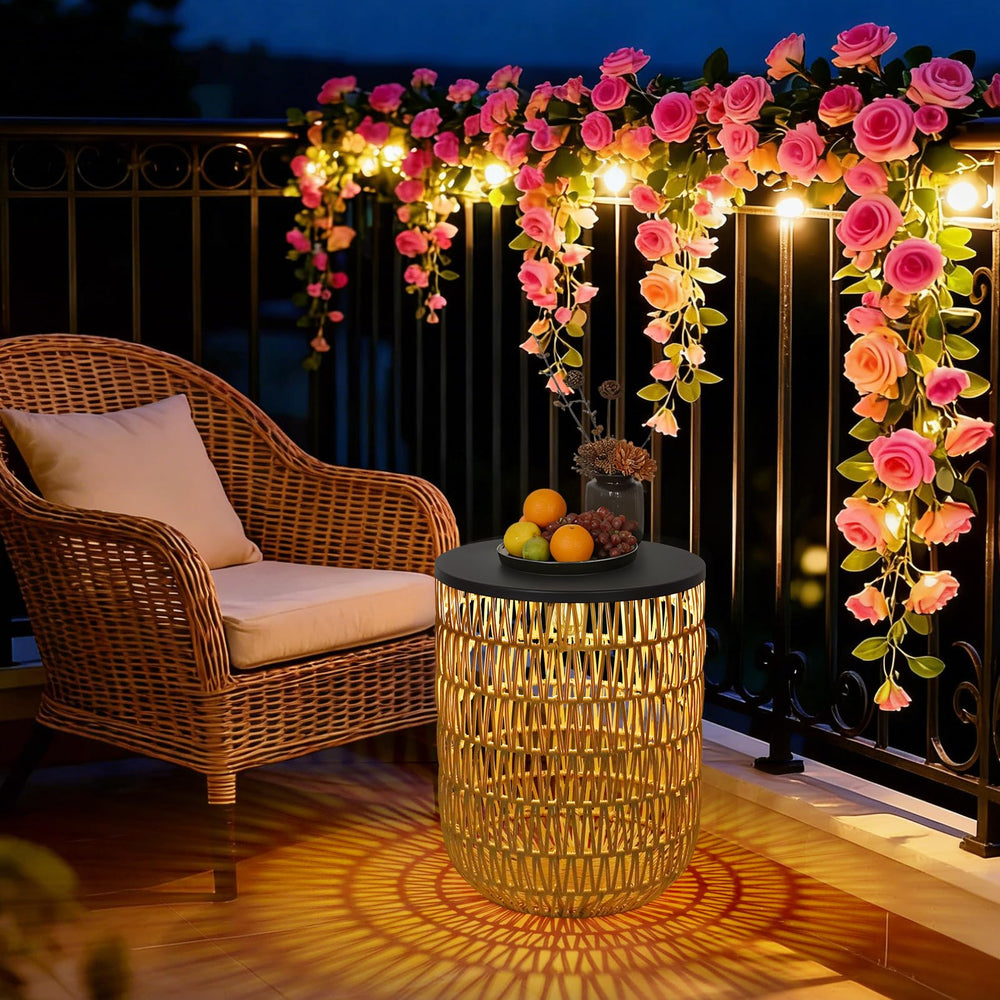 HMVPL poolside setup showing solar-lit side tables enhancing evenings