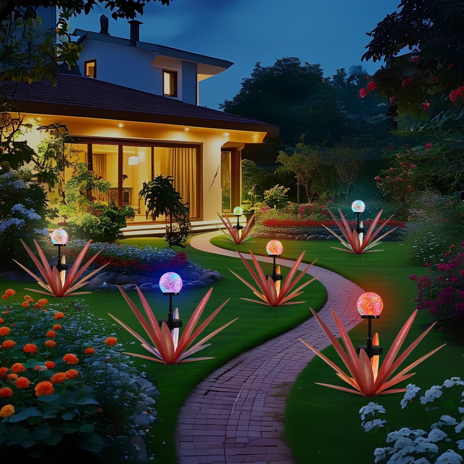 Hnnpmm two sculptures lit at dusk demonstrating solar LED ambiance and color