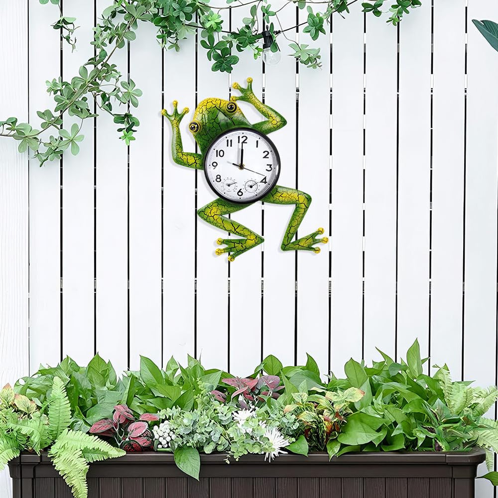 HOBYLUBY frog clock mounted on patio wall adding charm and practical measurements