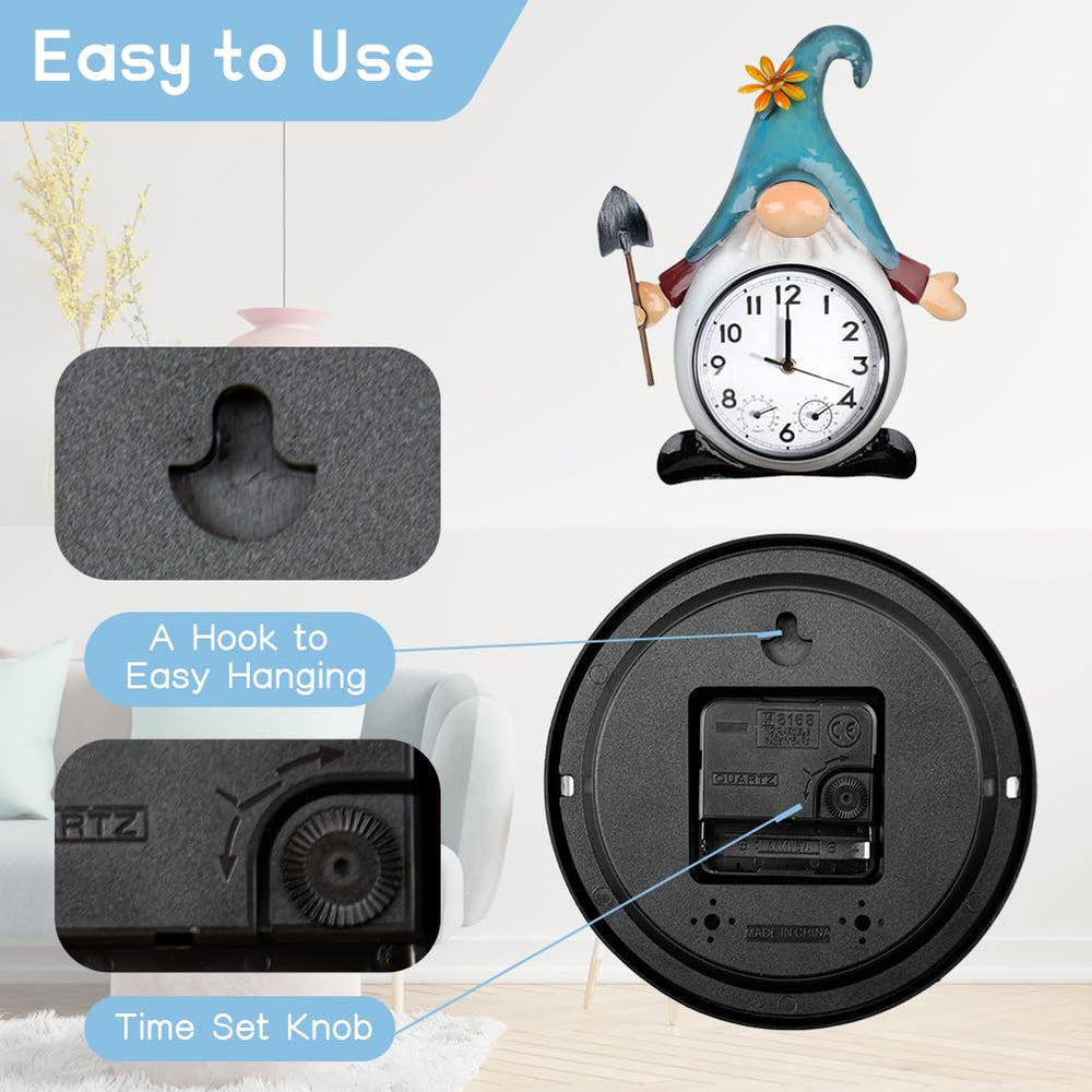 HOBYLUBY side profile of gnome clock with shovel detail benefit: whimsical durable design