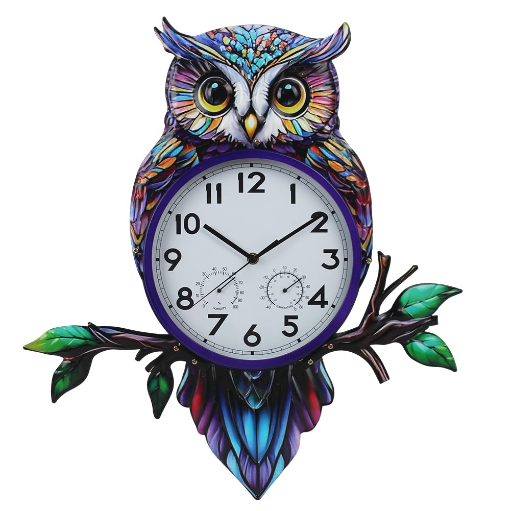 HOBYLUBY owl clock front view showing clear time and weather readouts