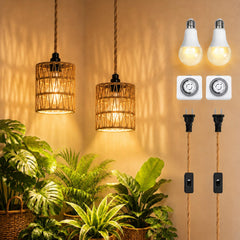 Hodilit front view of both rattan pendant grow lights enhancing plants