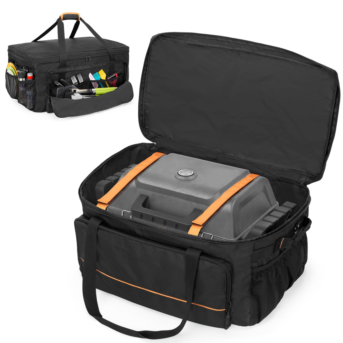 HODRANT grill case front view showing storage pockets and durable exterior protection
