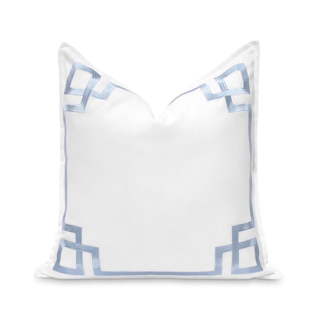 Hofdeco Premium front view showing baby blue Greek key embroidery and coastal benefit