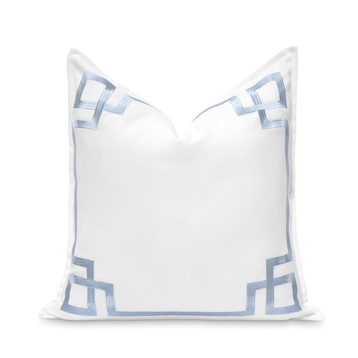 Hofdeco Premium front view showing baby blue Greek key embroidery and coastal benefit
