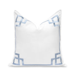 Hofdeco Premium front view showing baby blue Greek key embroidery and coastal benefit