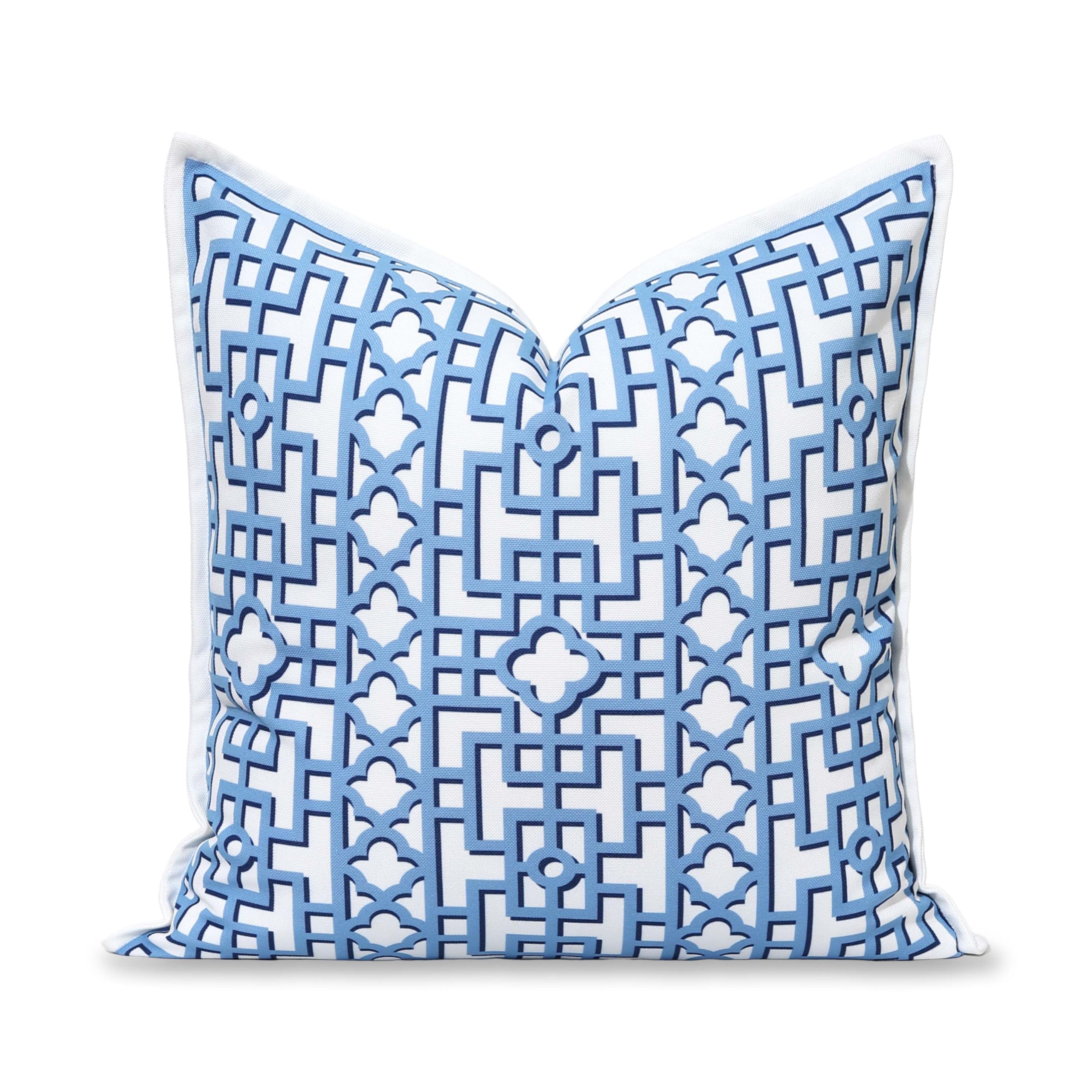 Hofdeco Premium front view showing azure blue fretwork and flanged border for coastal style
