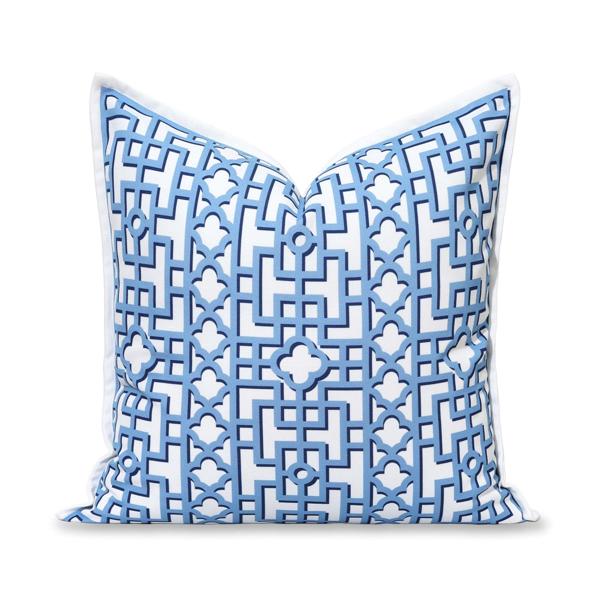 Hofdeco Premium front view showing azure blue fretwork and flanged border for coastal style