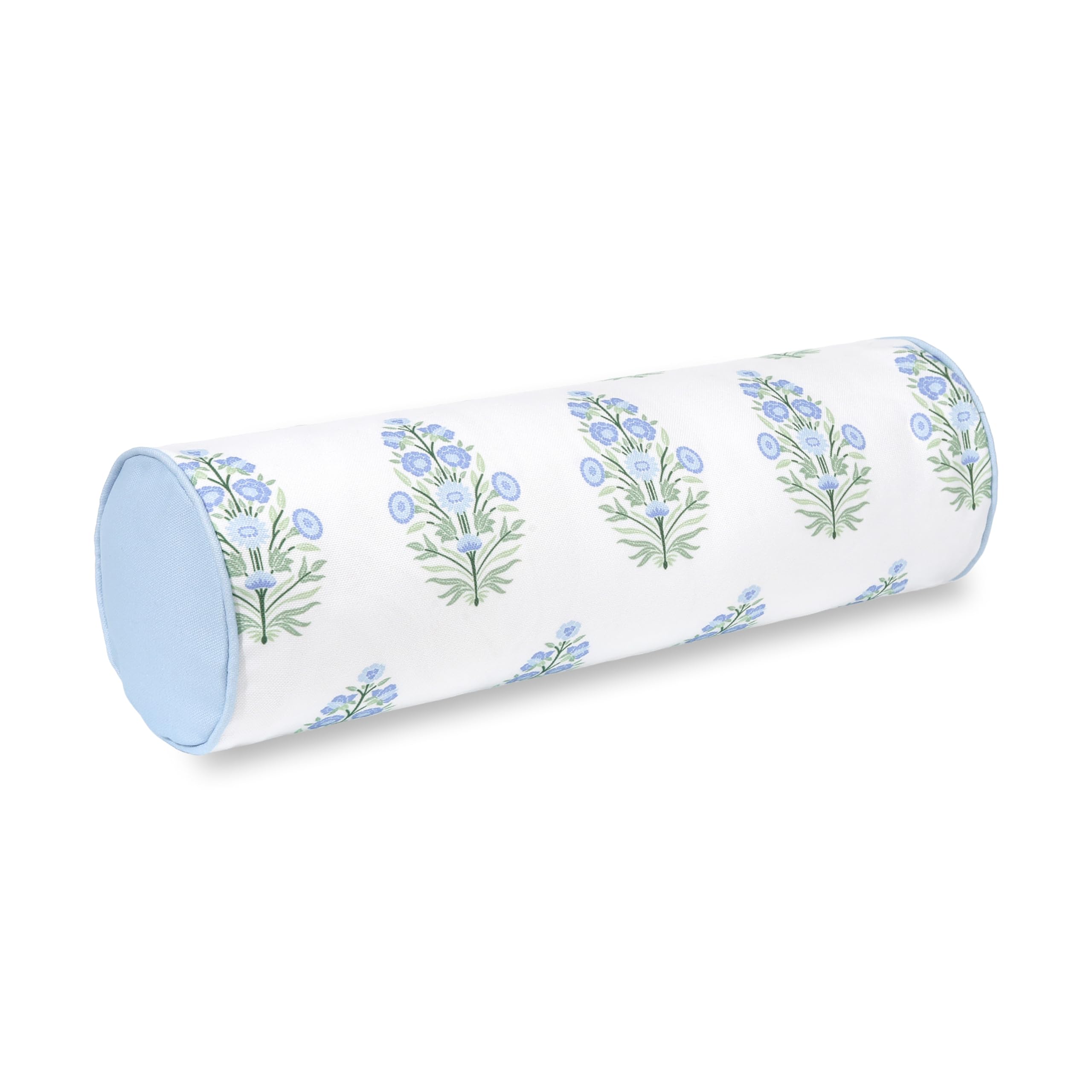 Hofdeco Premium front view of baby blue floral bolster cover showing styling benefit
