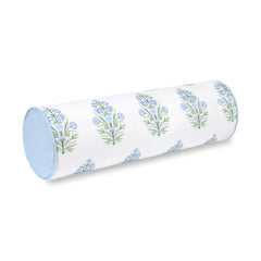 Hofdeco Premium front view of baby blue floral bolster cover showing styling benefit