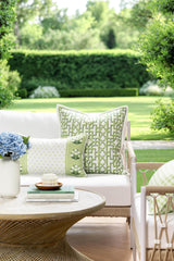Hofdeco Premium close-up of fretwork print and texture benefit: highlights durable weather-resistant fabric