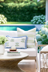 Hofdeco Premium close-up of baby blue fringe and printed fabric texture for refined detail