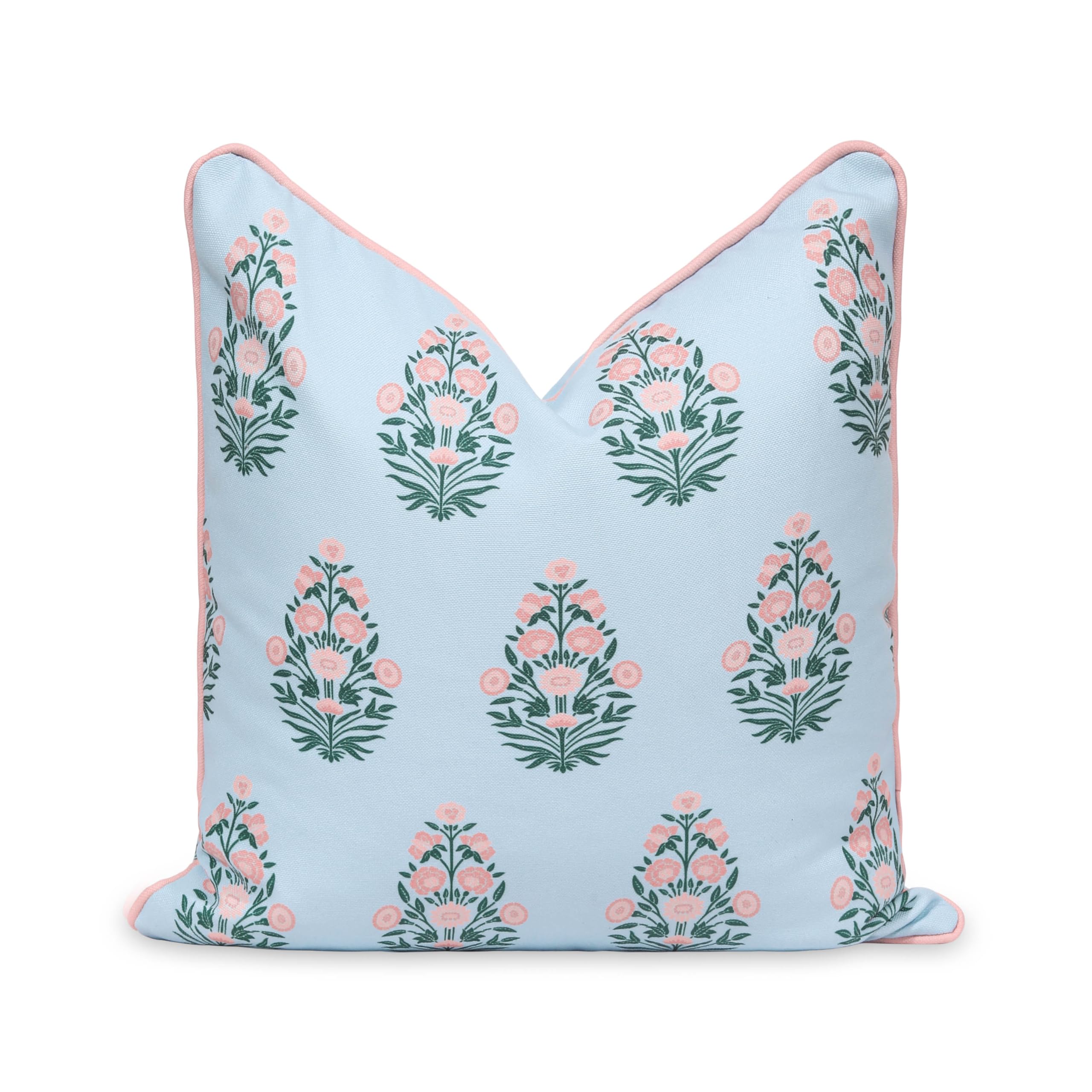 Hofdeco Premium front view showing baby blue blush floral cover and piping, stylish accent