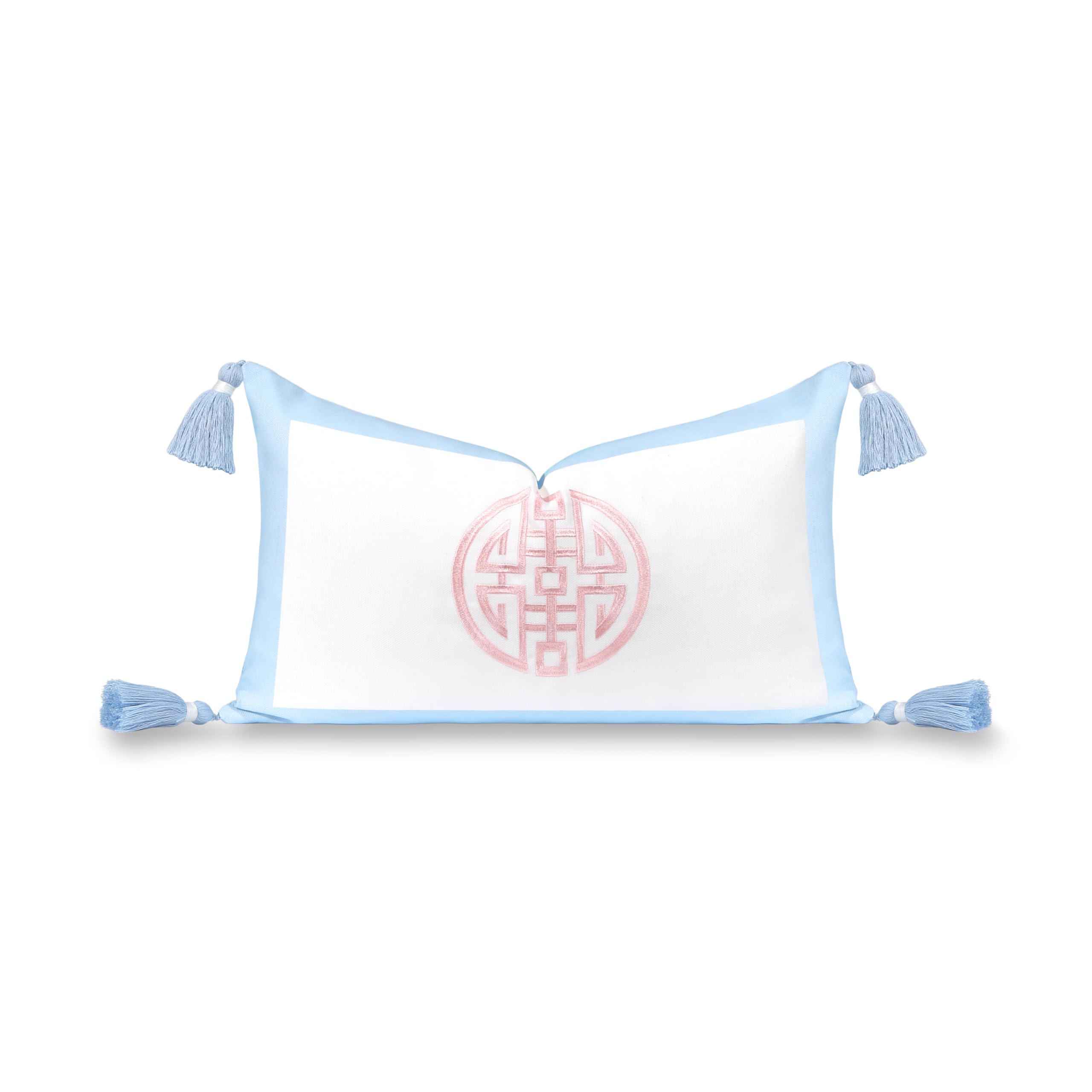 Hofdeco Premium front embroidered view showing double happiness symbol and coastal charm