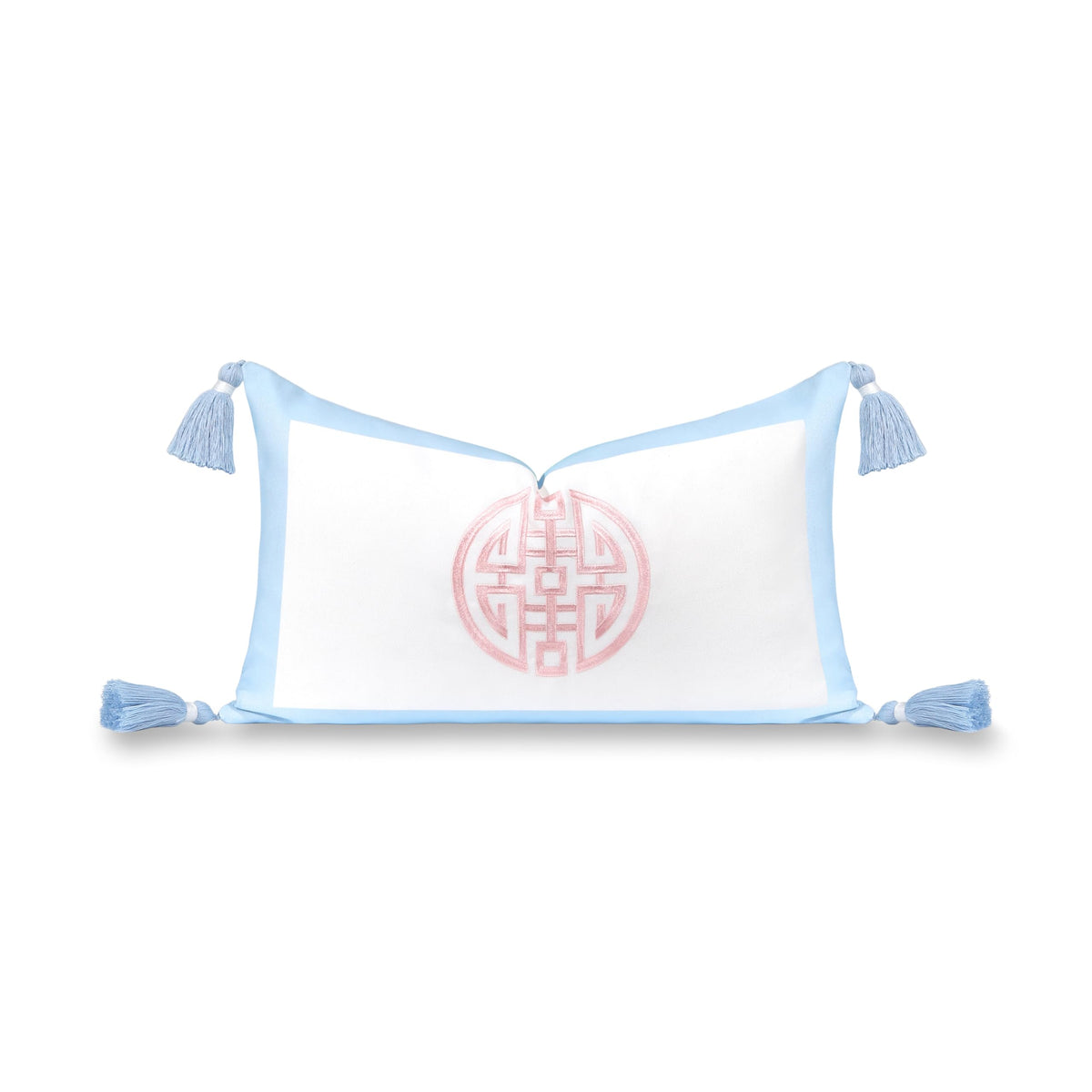 Hofdeco Premium front embroidered view showing double happiness symbol and coastal charm