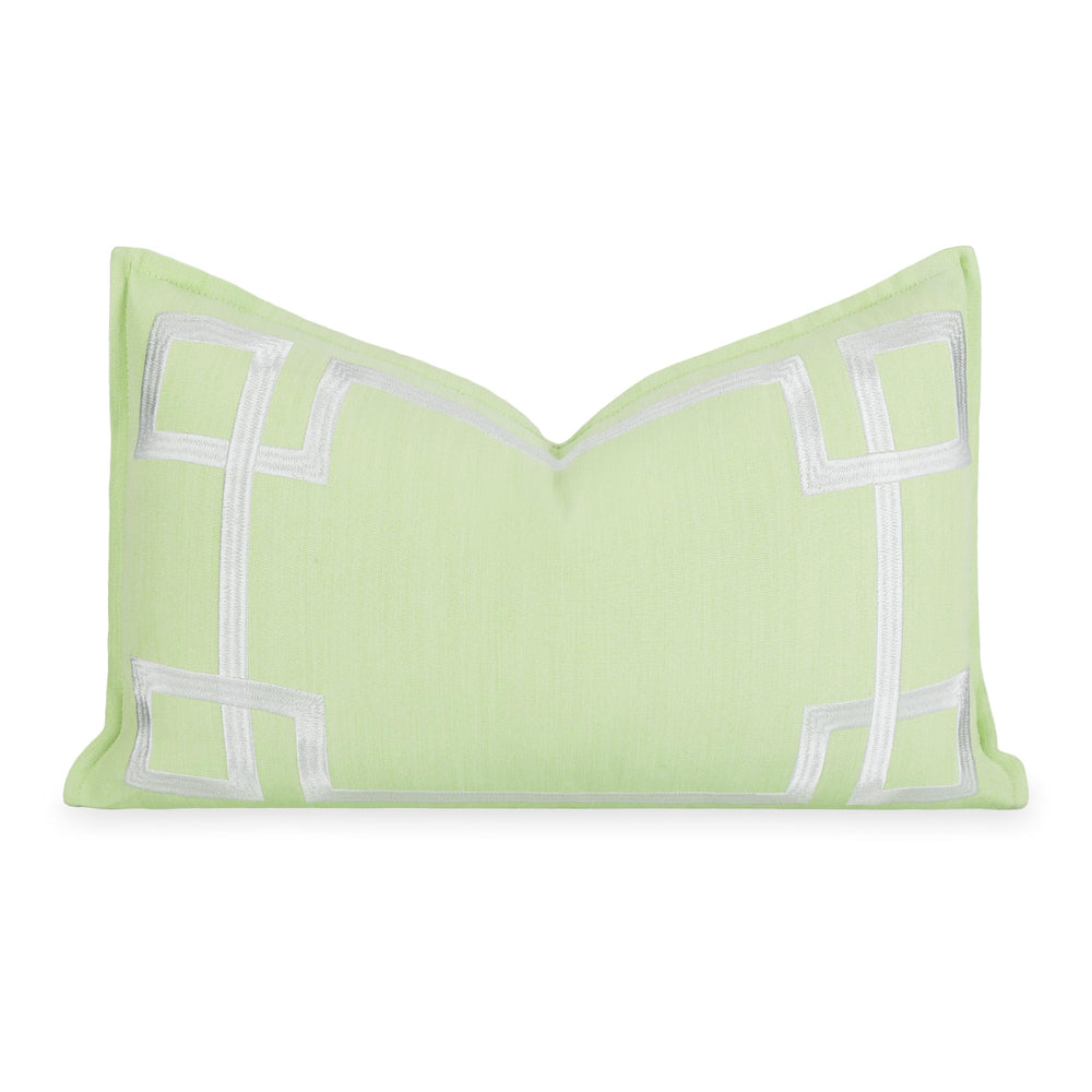 Hofdeco Premium front view showing embroidered Greek Key and flanged border for coastal style