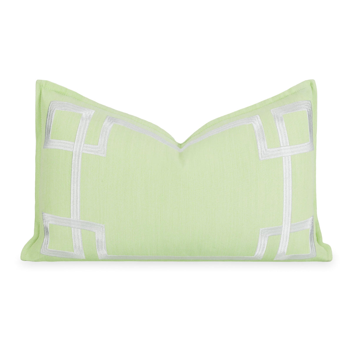 Hofdeco Premium front view showing embroidered Greek Key and flanged border for coastal style