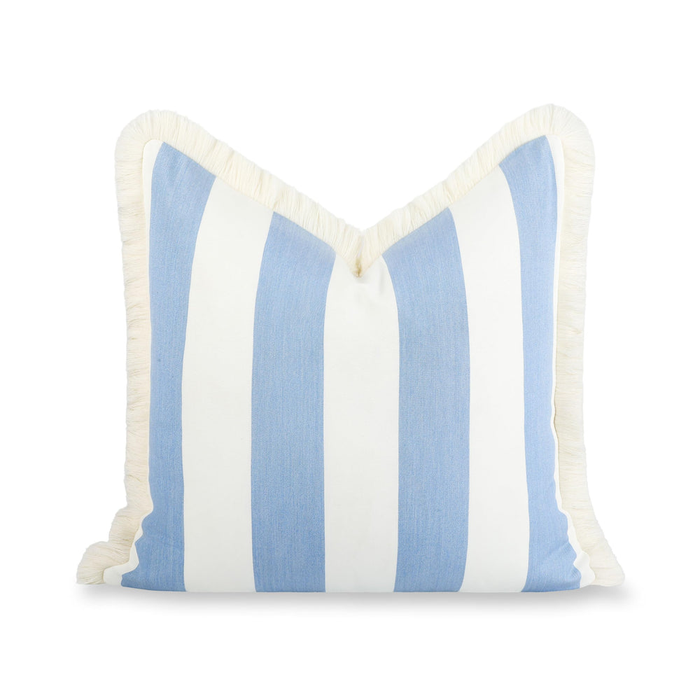 Hofdeco Premium front view showing azure blue beach stripes and fringe, stylish and durable