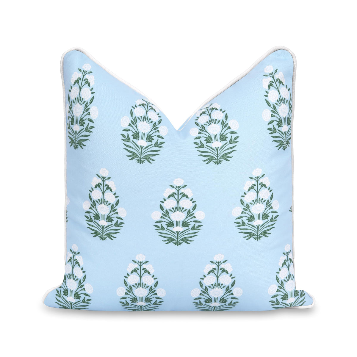 Hofdeco Premium front view showing baby blue floral cover and piping benefit: coastal style