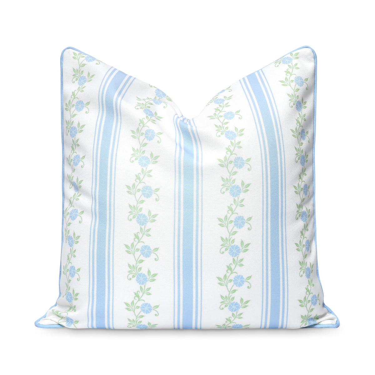 Hofdeco Premium front view showing baby blue floral stripe and polished piping for coastal style