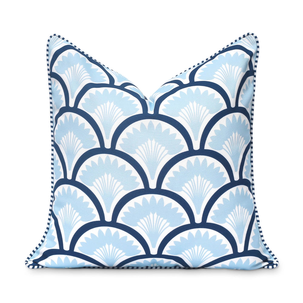 Hofdeco Premium front print displaying baby blue navy ravenala palm detail and coastal style