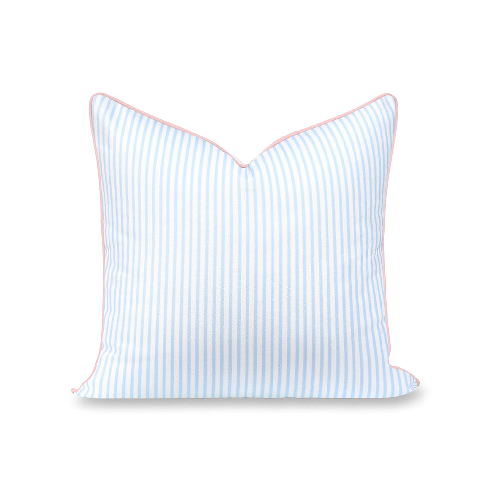Hofdeco Premium front view of pillow cover showing baby blue stripes and pink piping, enhances decor