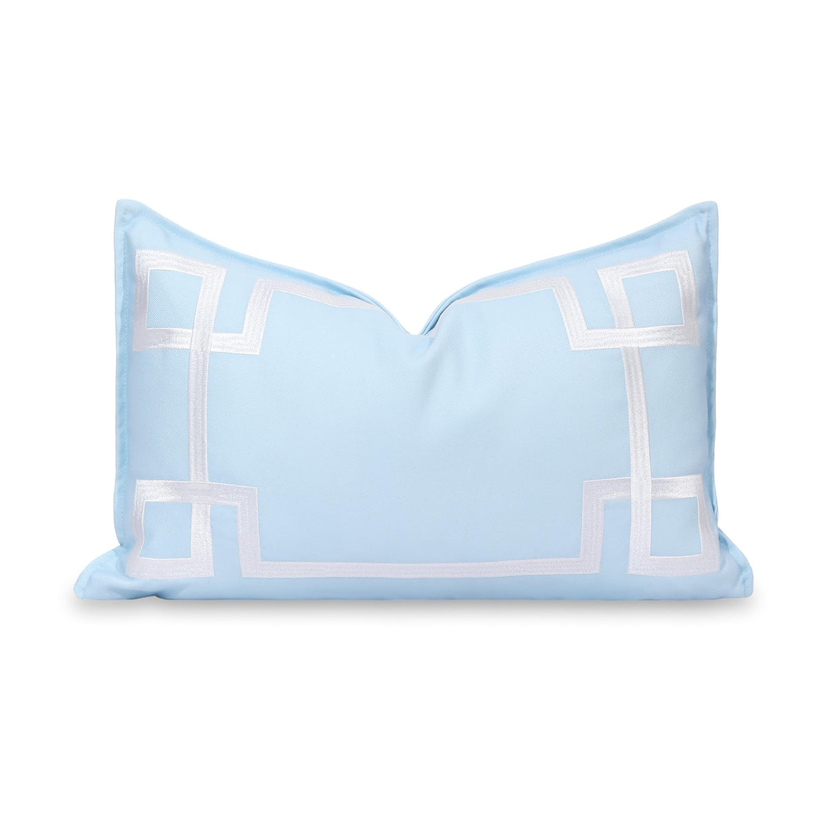 Hofdeco Premium front view showing embroidered Greek key and coastal look benefit
