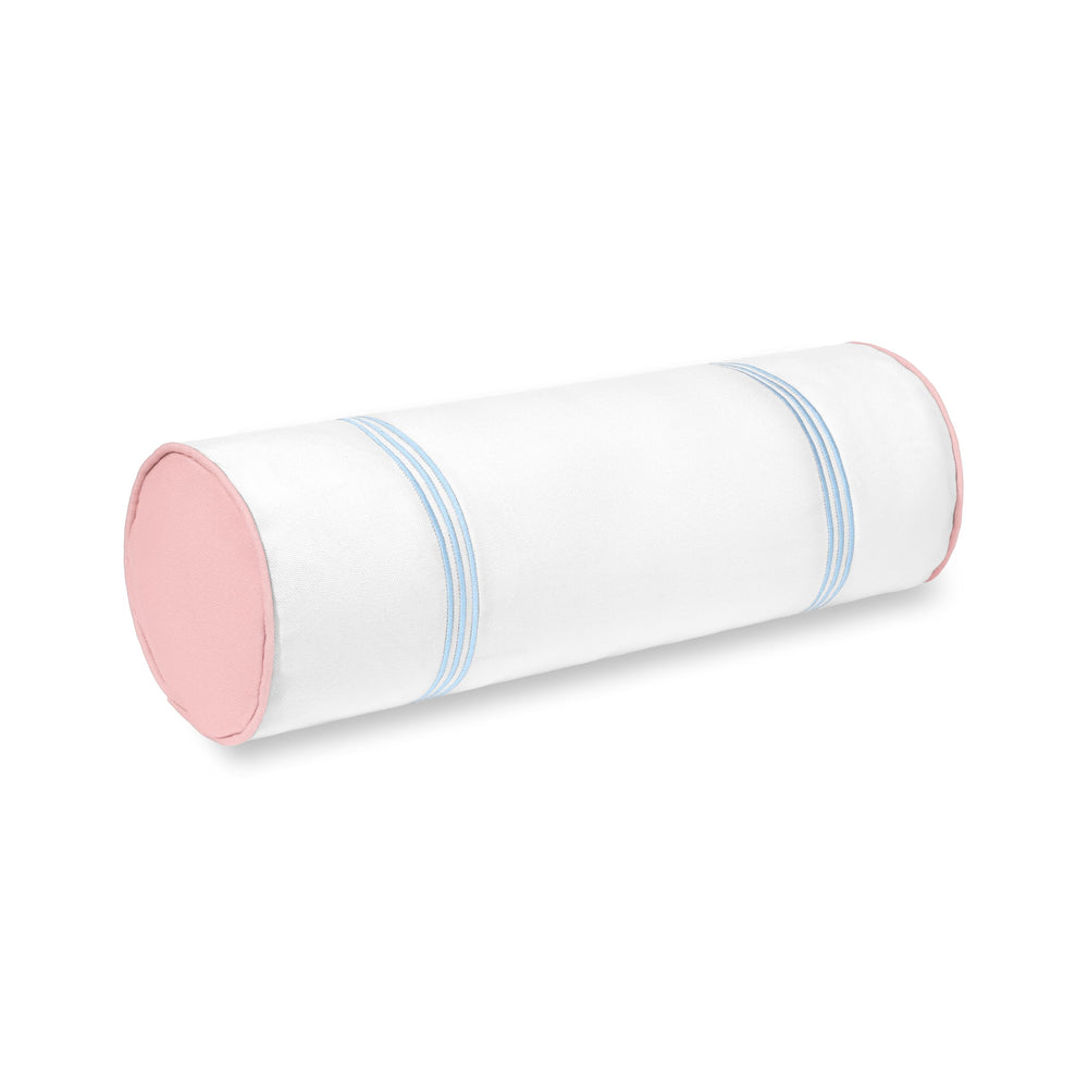 Hofdeco Premium front view bolster cover showing baby-blue stripes and pink piping, adds coastal charm