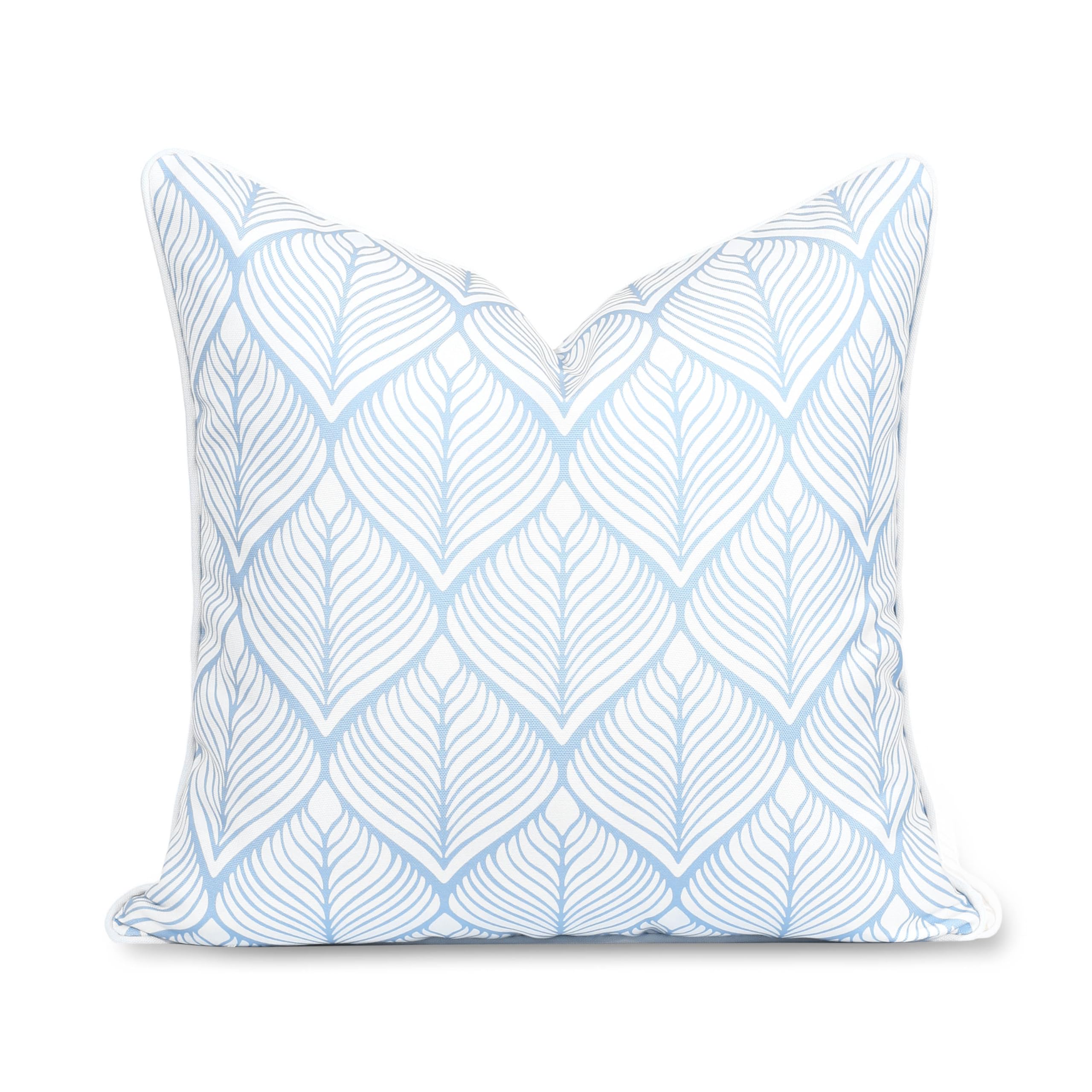 Hofdeco Premium front view showing baby blue geometric leaf print and neat piping, adds coastal charm