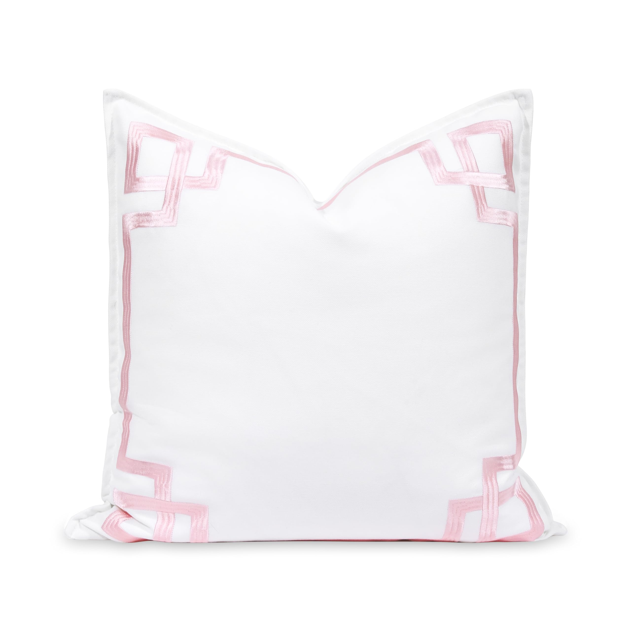 Hofdeco Premium front view showing embroidered blush pink Greek key and coastal benefit