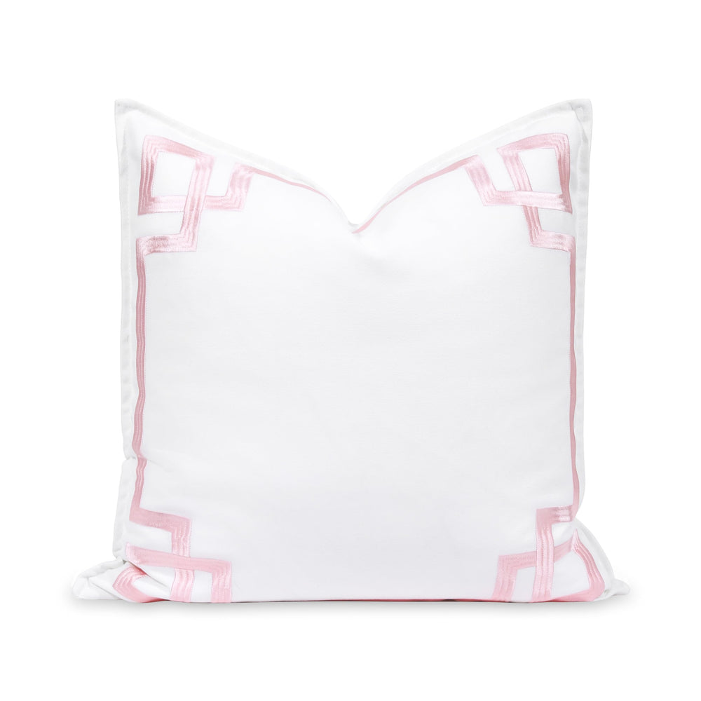 Hofdeco Premium front view showing embroidered blush pink Greek key and coastal benefit
