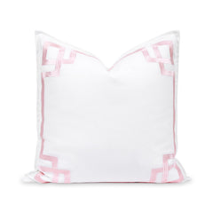 Hofdeco Premium front view showing embroidered blush pink Greek key and coastal benefit