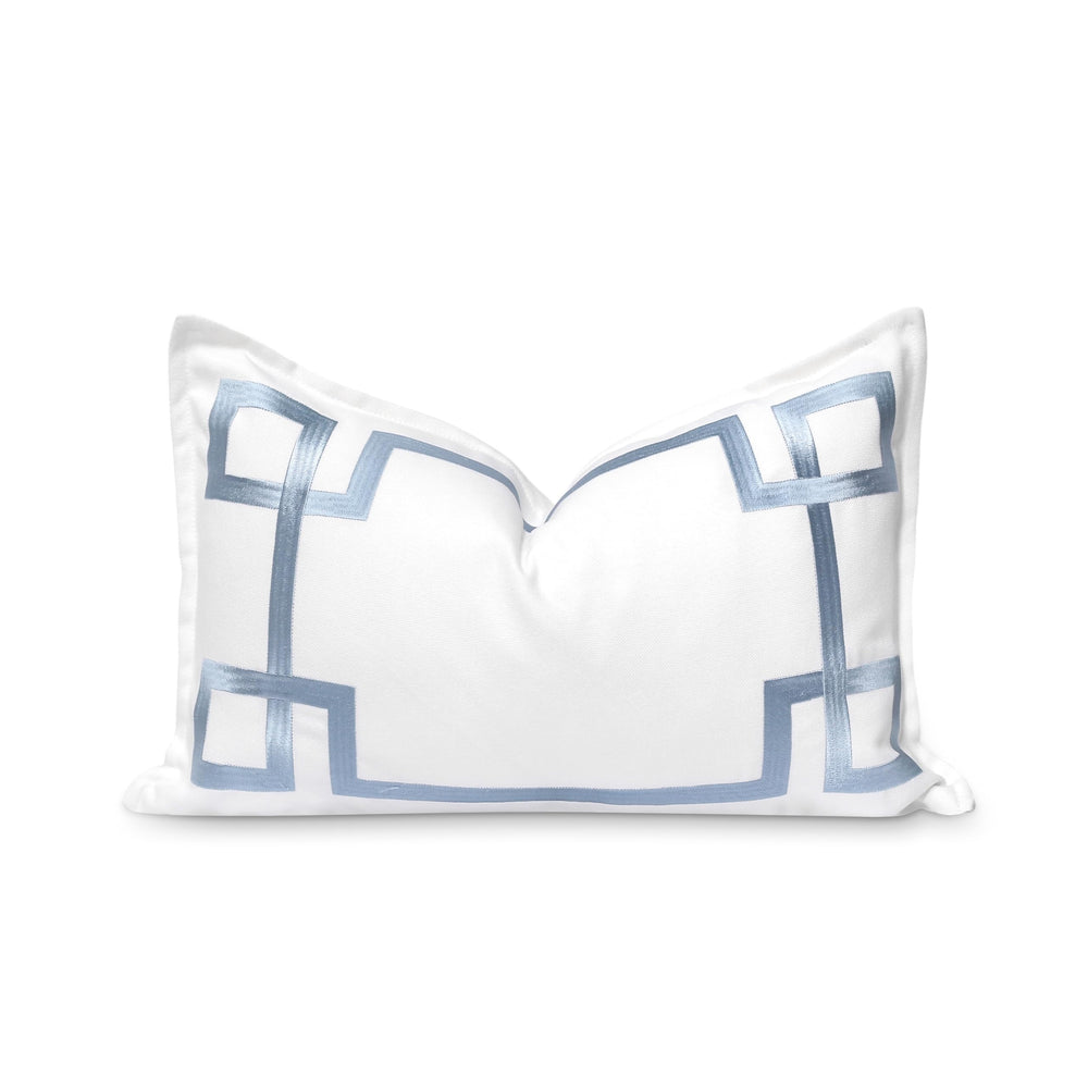 Hofdeco Premium front view showing baby blue Greek key embroidery and coastal style benefit