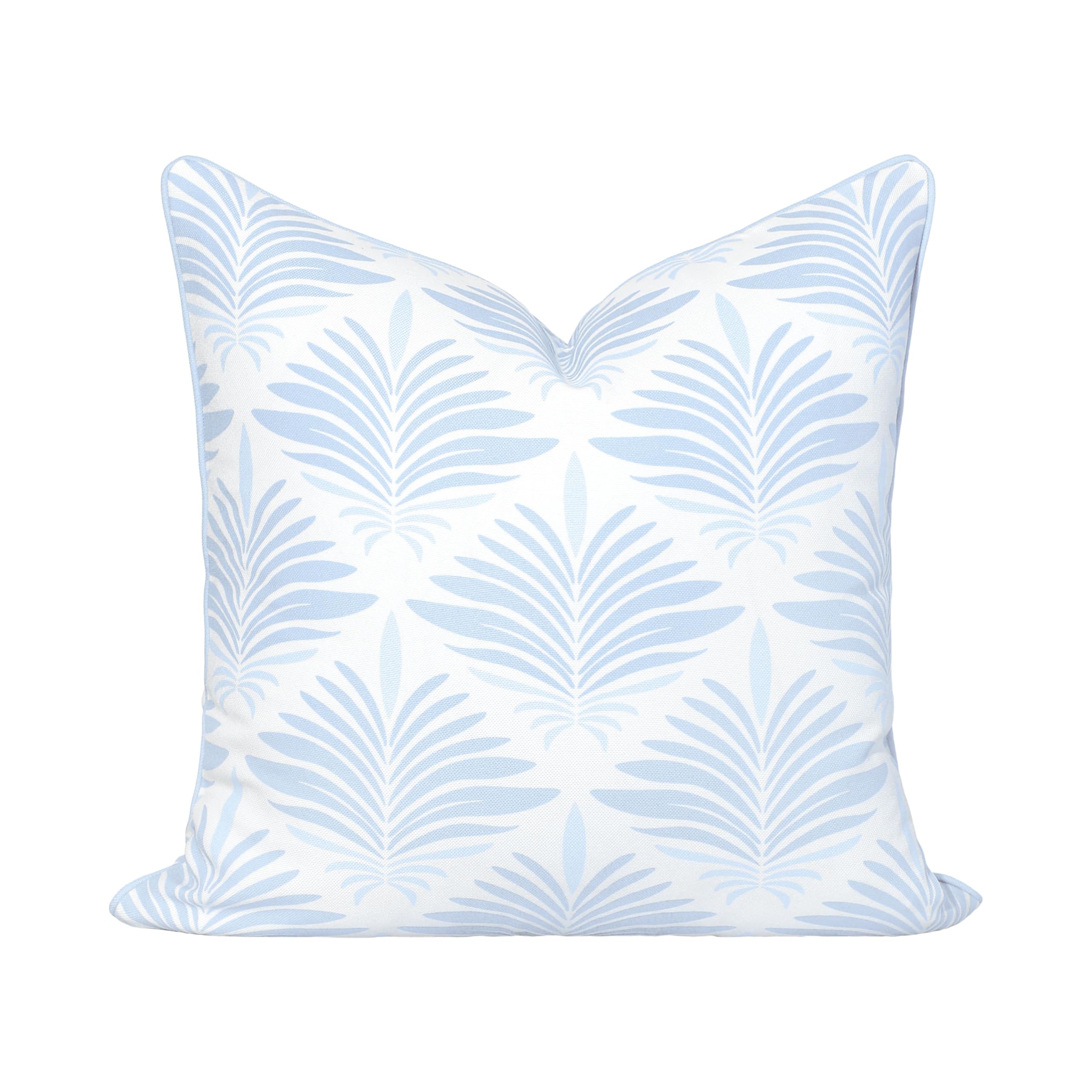 Hofdeco Premium front view showing baby blue palm print and piping benefit: polished coastal look