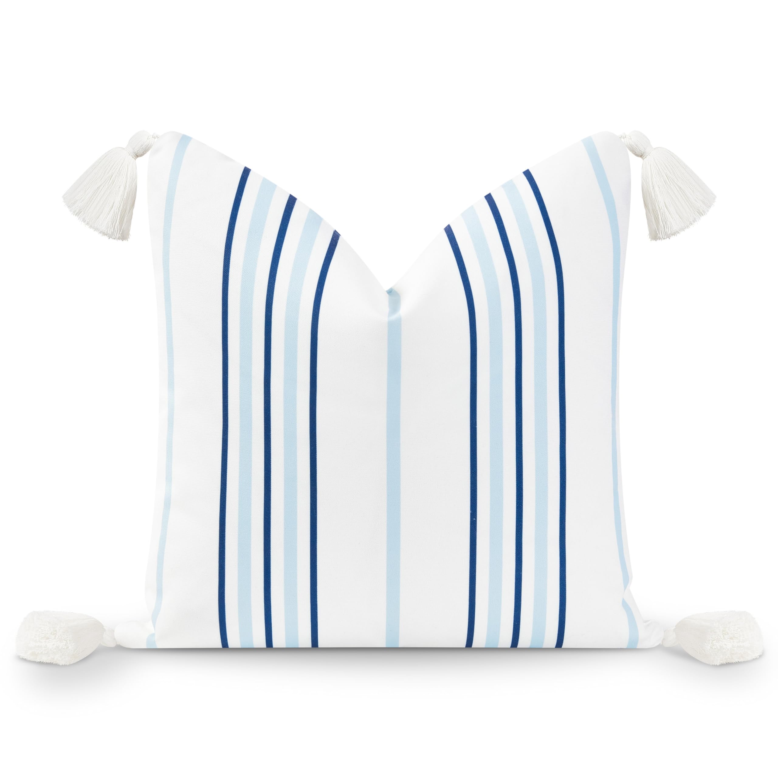 Hofdeco Premium front view stripe cover showing navy and baby blue stripes and tassels, enhances coastal decor