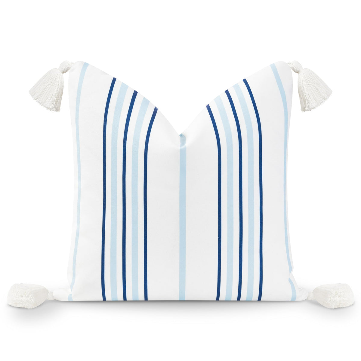 Hofdeco Premium front view stripe cover showing navy and baby blue stripes and tassels, enhances coastal decor
