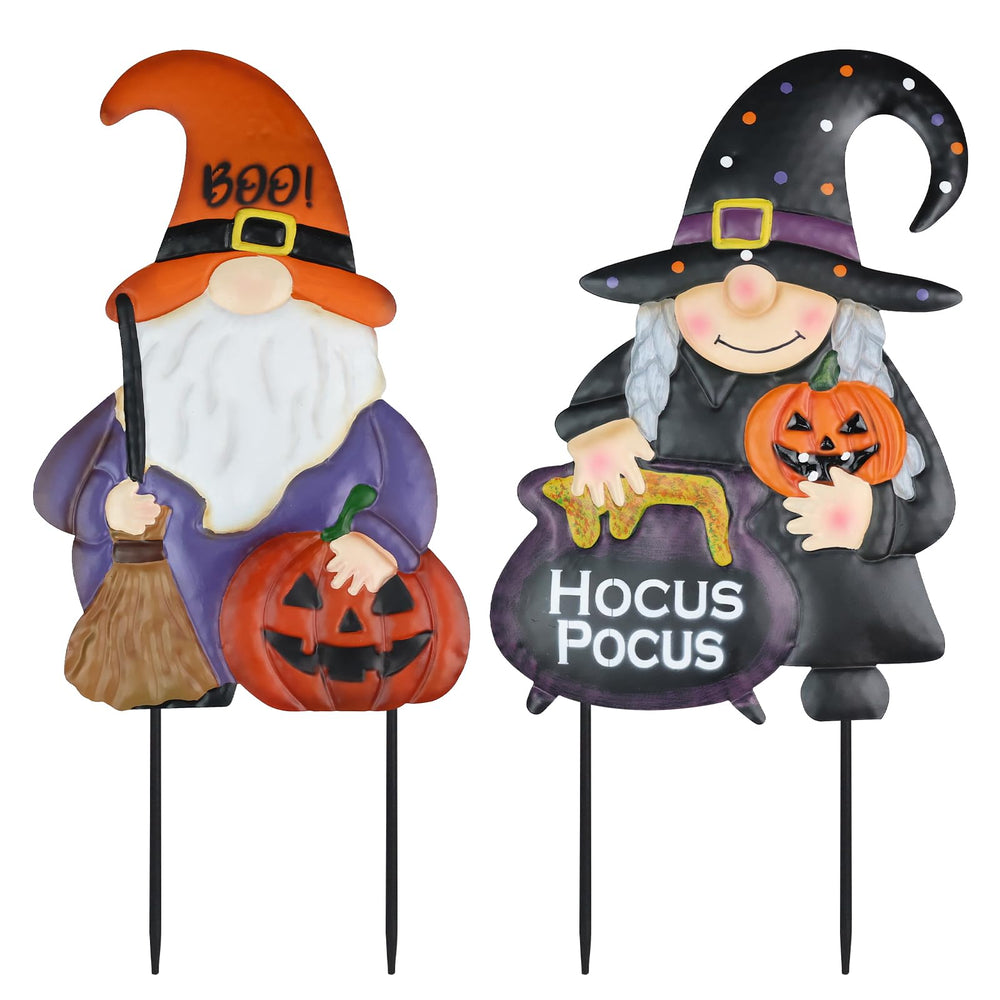 hogardeck front view of gnome and witch stakes, adds instant Halloween curb appeal